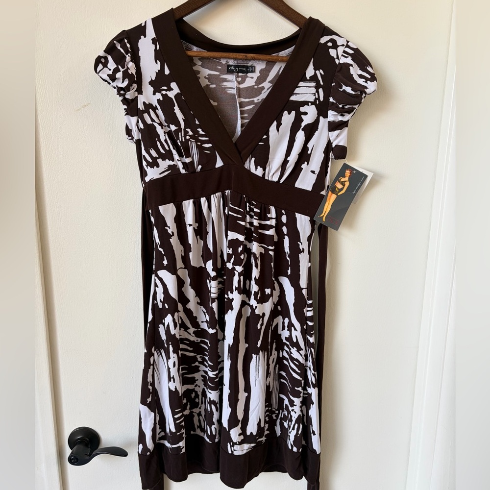 Y2K Vintage Ruby Rox Empire Waist Dress NWT | Brown Abstract Print Boho | Small - Picture 2 of 11